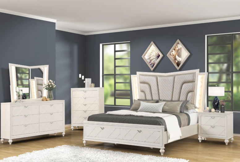 Including: Queen Bed, Dresser Mirror, Chest, and one Nightstand.